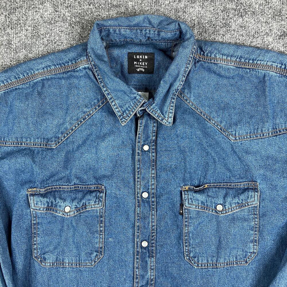 Lakin McKey Shirt Mens Size XLT Blue Denim Western Pearl Snap Work Cowboy